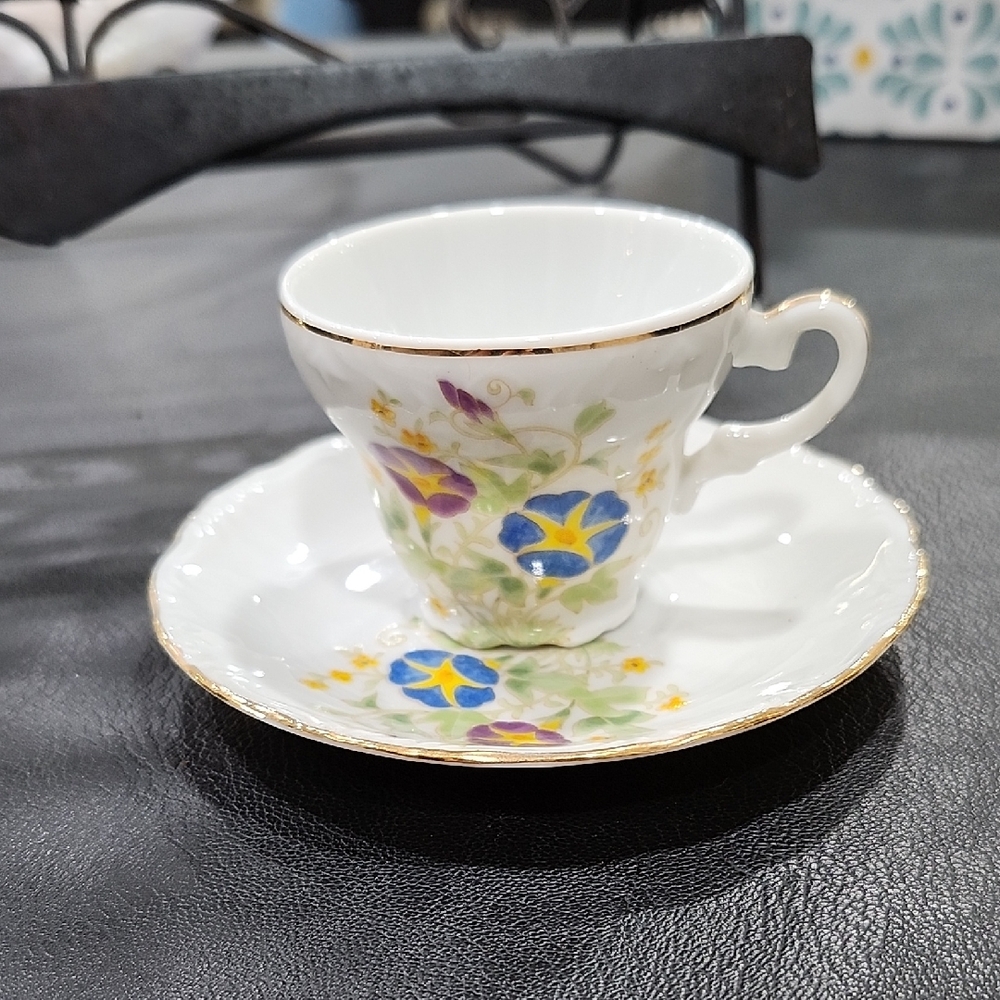 VINTAGE HOUBIGANT DEMITASSE FLORAL TEACUP and SAUCER with GOLD TRIM